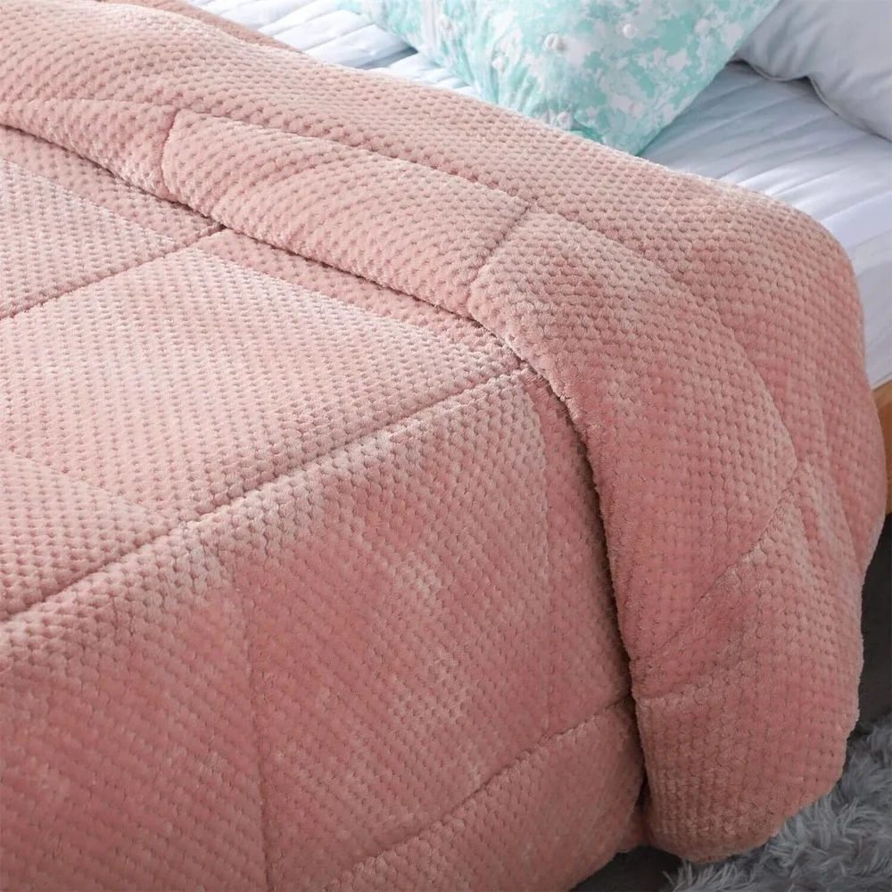 Luxurious Flannel Fleece Comforter w/ Plush Sherpa Back- Queen Size 90X90” Rose